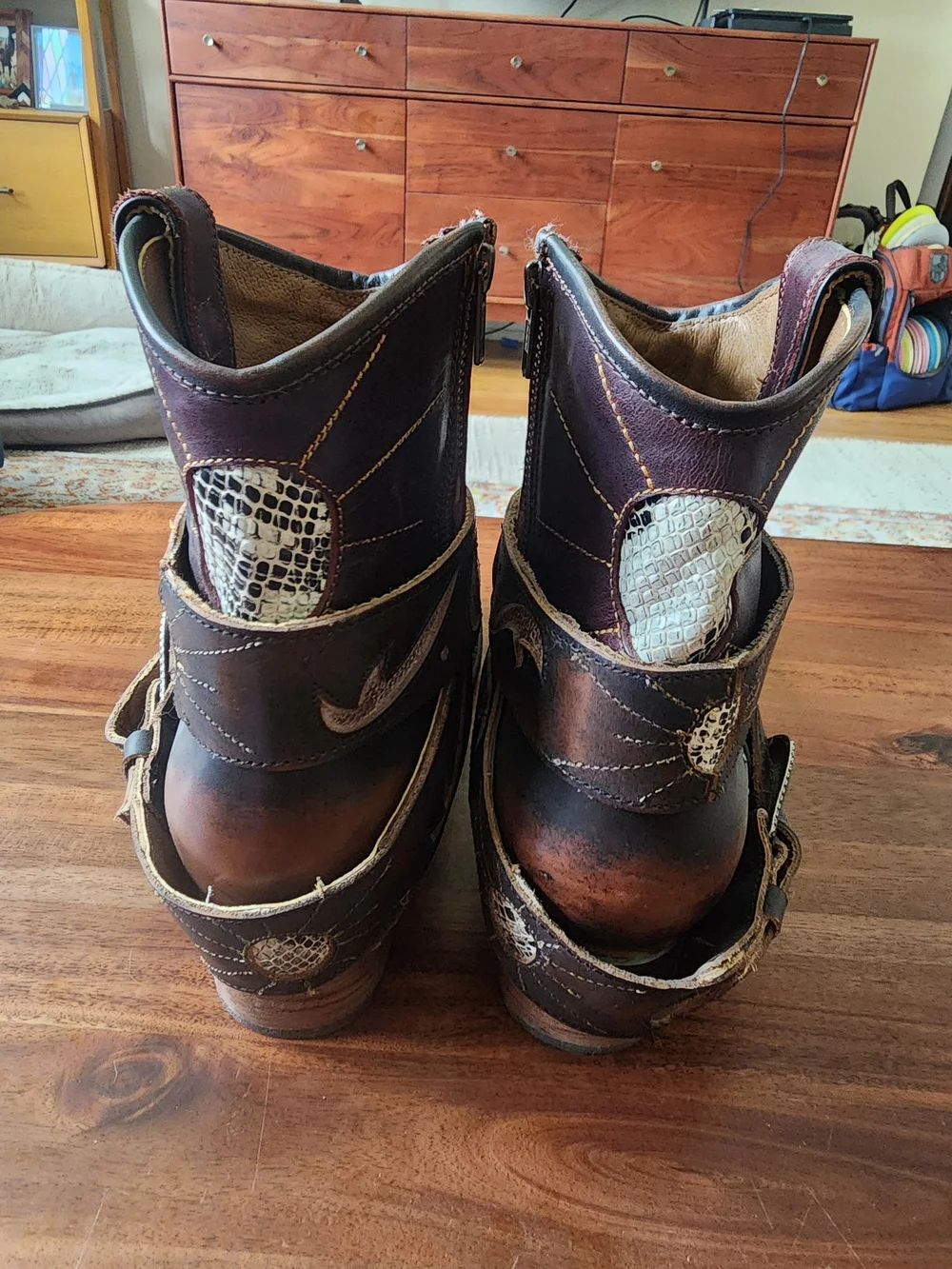 freebird Tash Brown Leather Western Ankle Boots with Distressed Tooled Accents